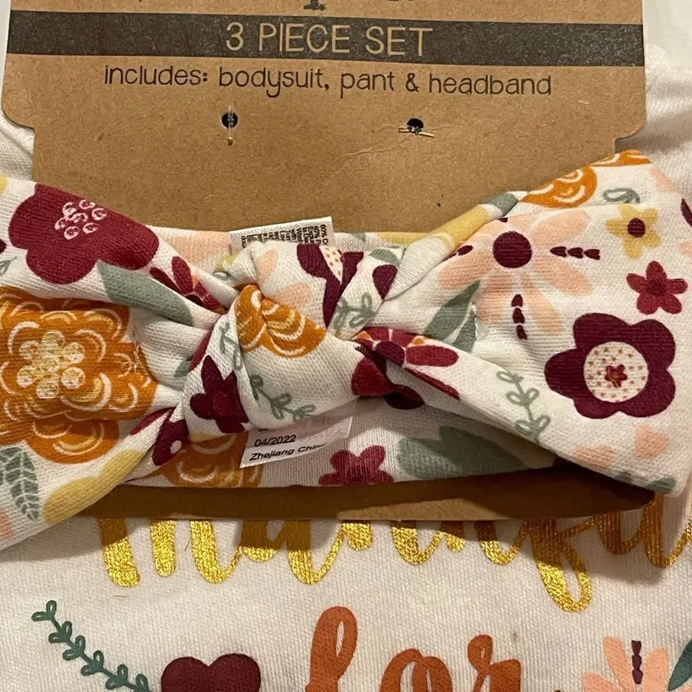 Chick Pea 3 Piece Bodysuit + Pants + Headband Thankful for Family 0-3 Month NWT